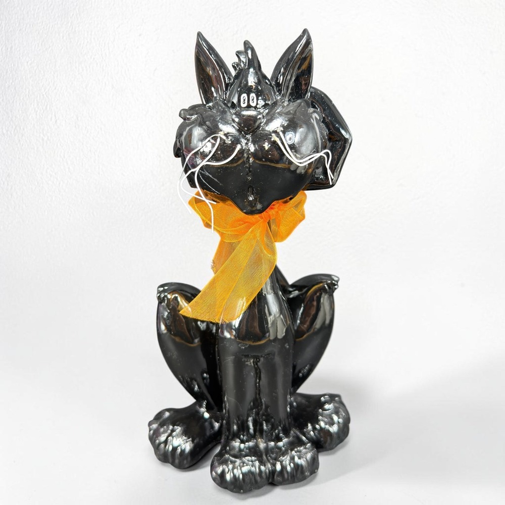Joelson Industries 2002 Black Cat Resin Figurine Halloween Decor Orange Bow 9In